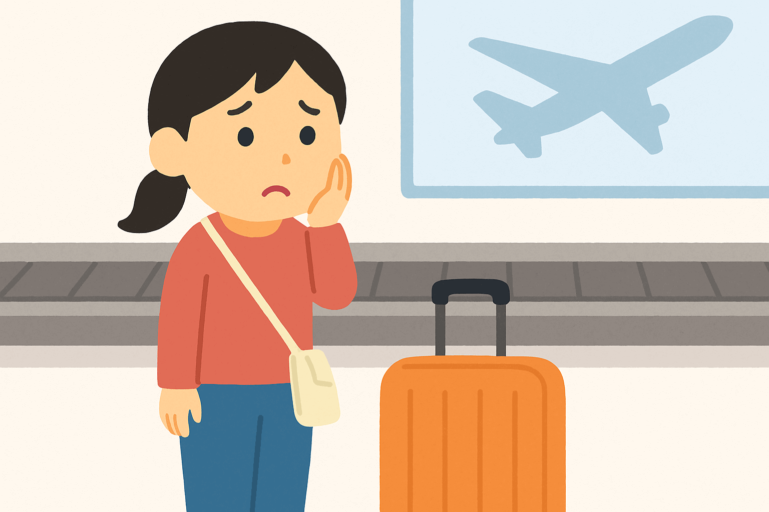 空港でスーツケースが届かず困っている女性の画像