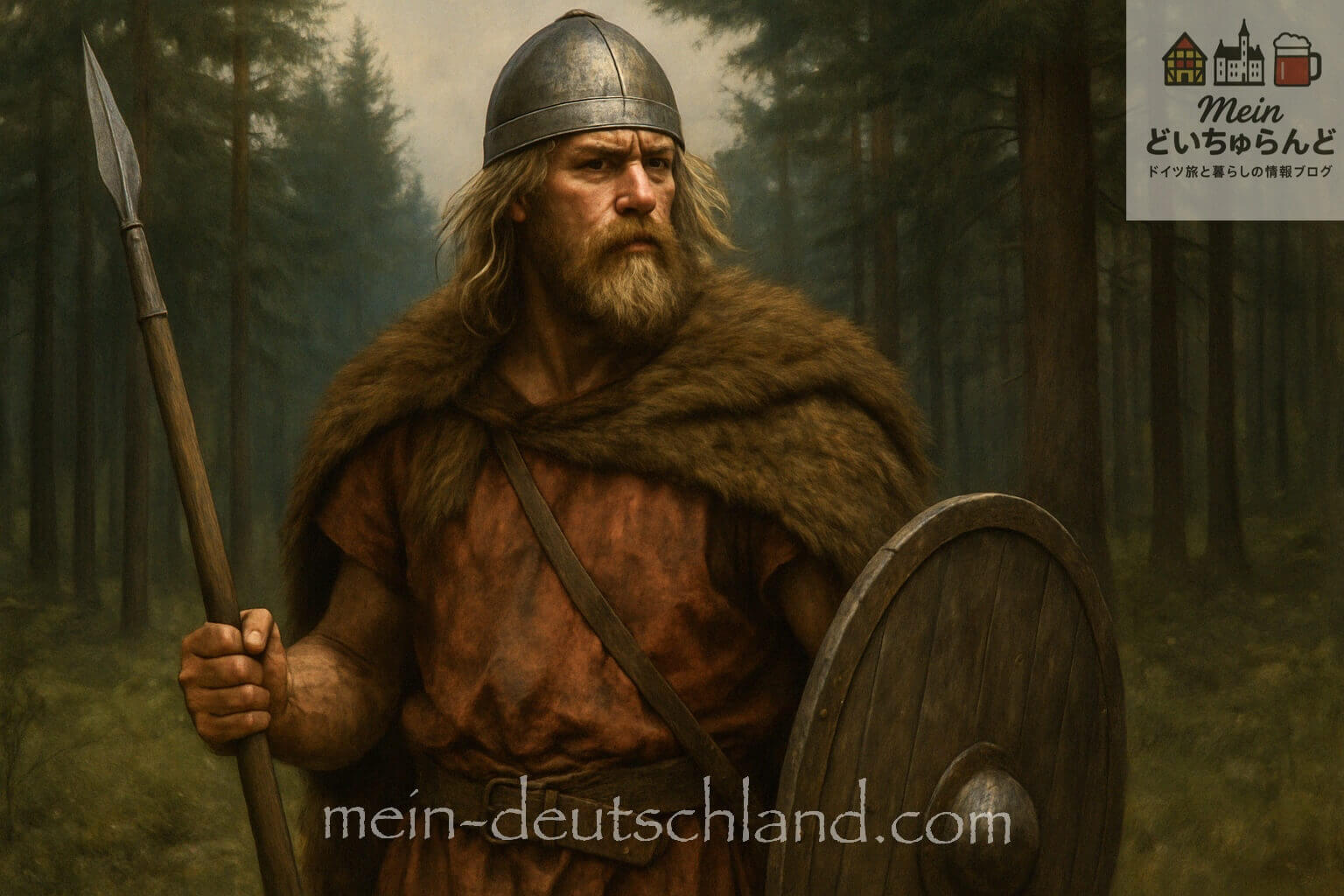 古代ゲルマン戦士が森の中で槍と盾を構える姿のイメージ画像