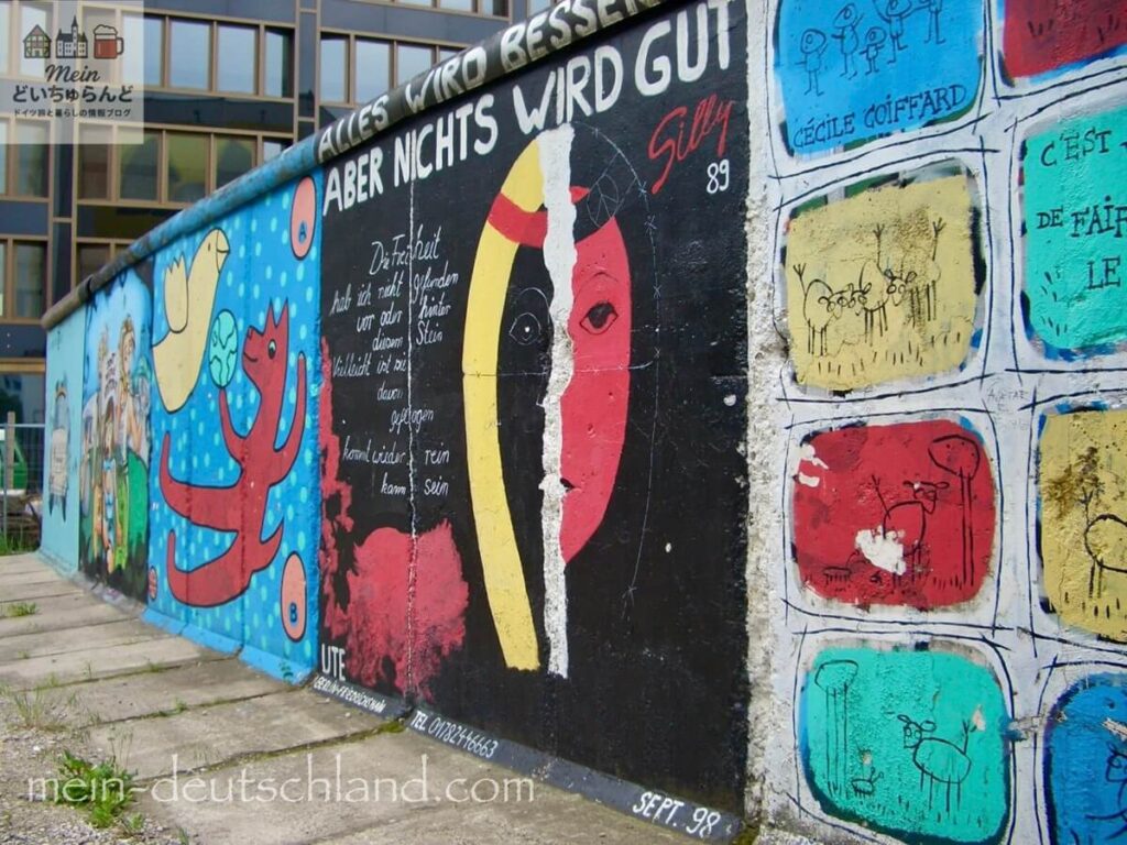 ベルリンのイーストサイドギャラリーに描かれたカラフルな壁画