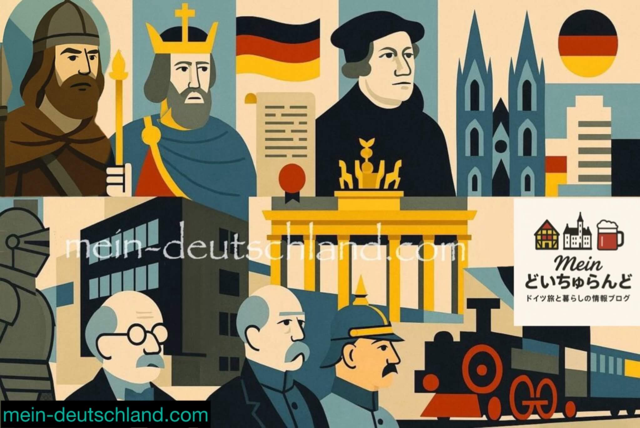 ドイツの歴史を象徴する人物と建築のイメージイラスト