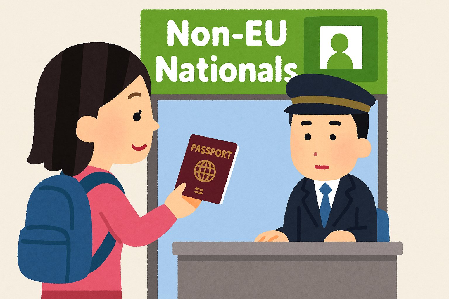 ドイツの空港で入国審査を受ける旅行者のイラスト