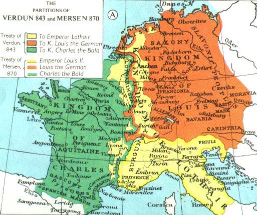 ヴェルダン条約およびメルセン条約によるフランク王国の分割を示す地図の画像
