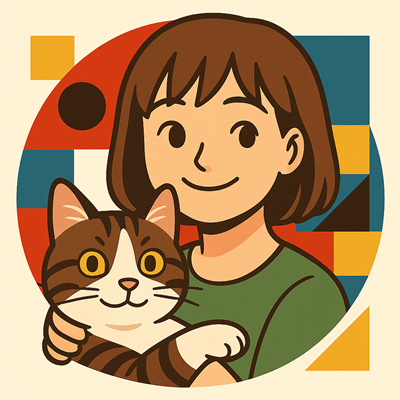 ネコを抱いて微笑む女性の姿をバウハウス風に描いた画像