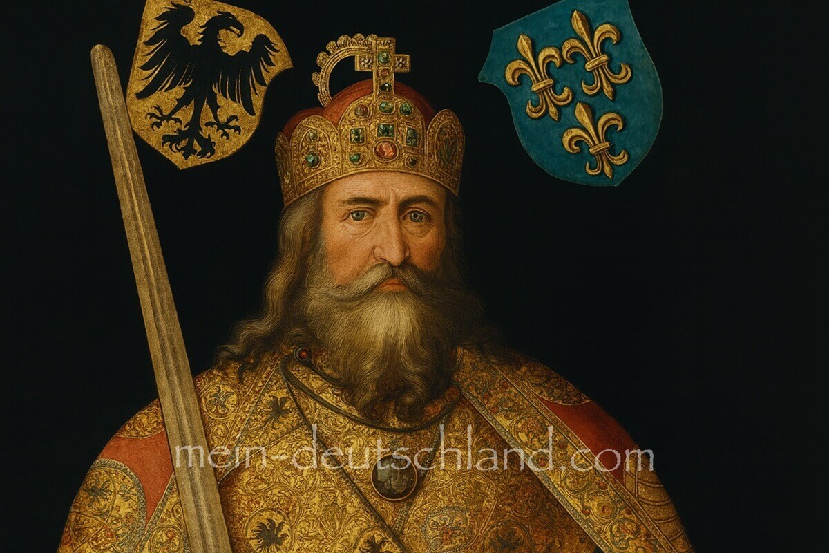 カール大帝（シャルルマーニュ）の想像肖像で、王冠とマントを身につけた中世ヨーロッパ風のイメージ画像