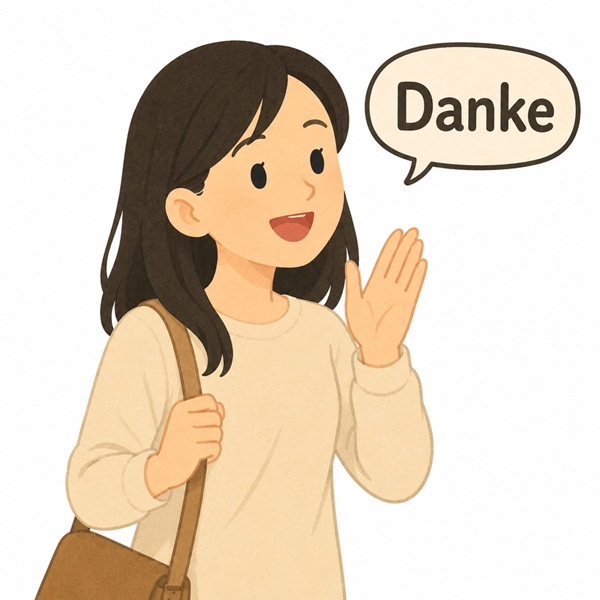 笑顔で「Danke」と言う女性のイラスト