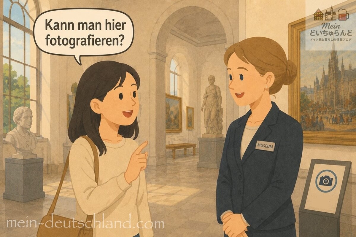 博物館で会話する旅行者とスタッフの画像