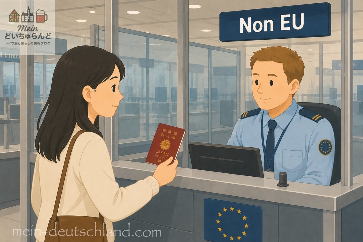 ドイツの空港で入国審査を受ける旅行者