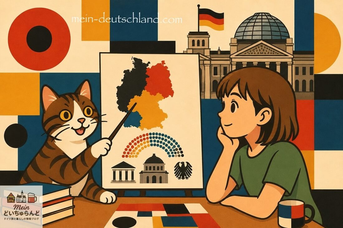 ドイツの政治に関してレクチャーする猫と、それを聞いている女性の画像