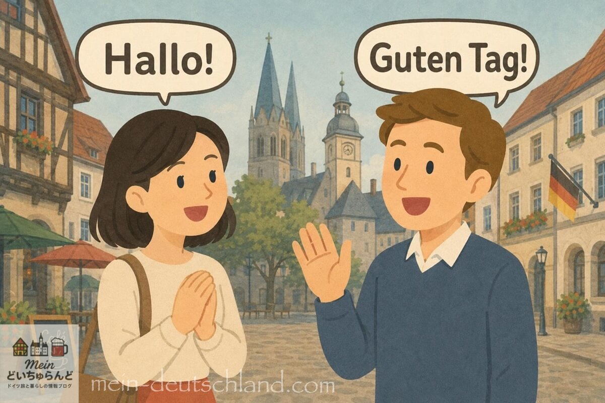 ドイツ語であいさつを交わす男女のイラスト