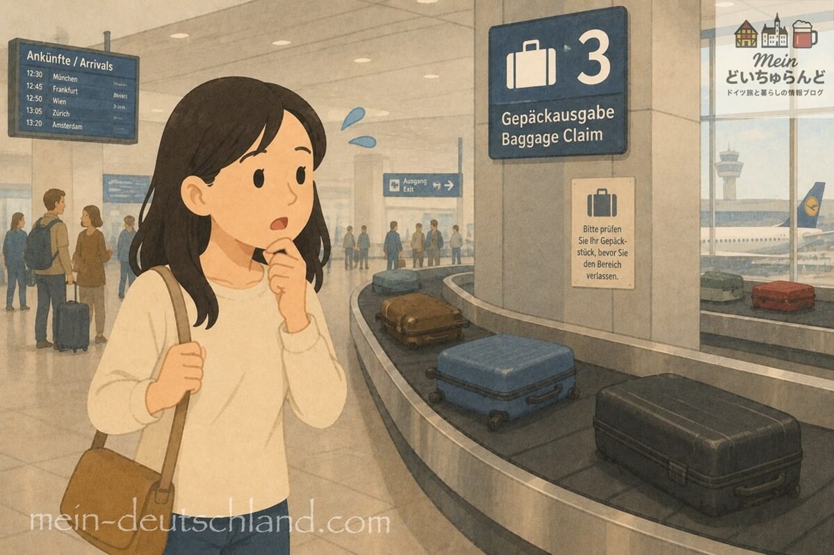 空港の手荷物受取所で困っている女性の画像