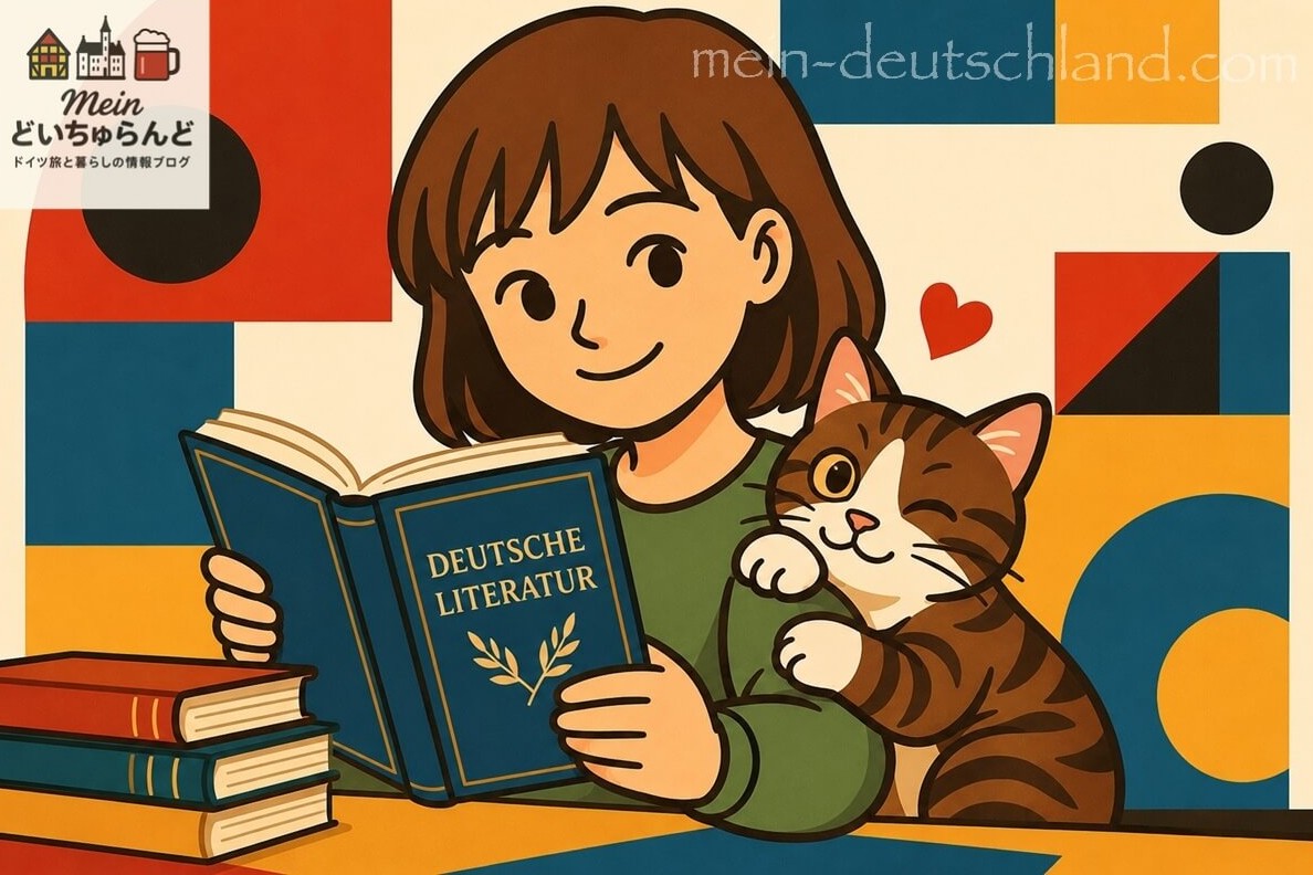 読書をする女性と甘える猫
