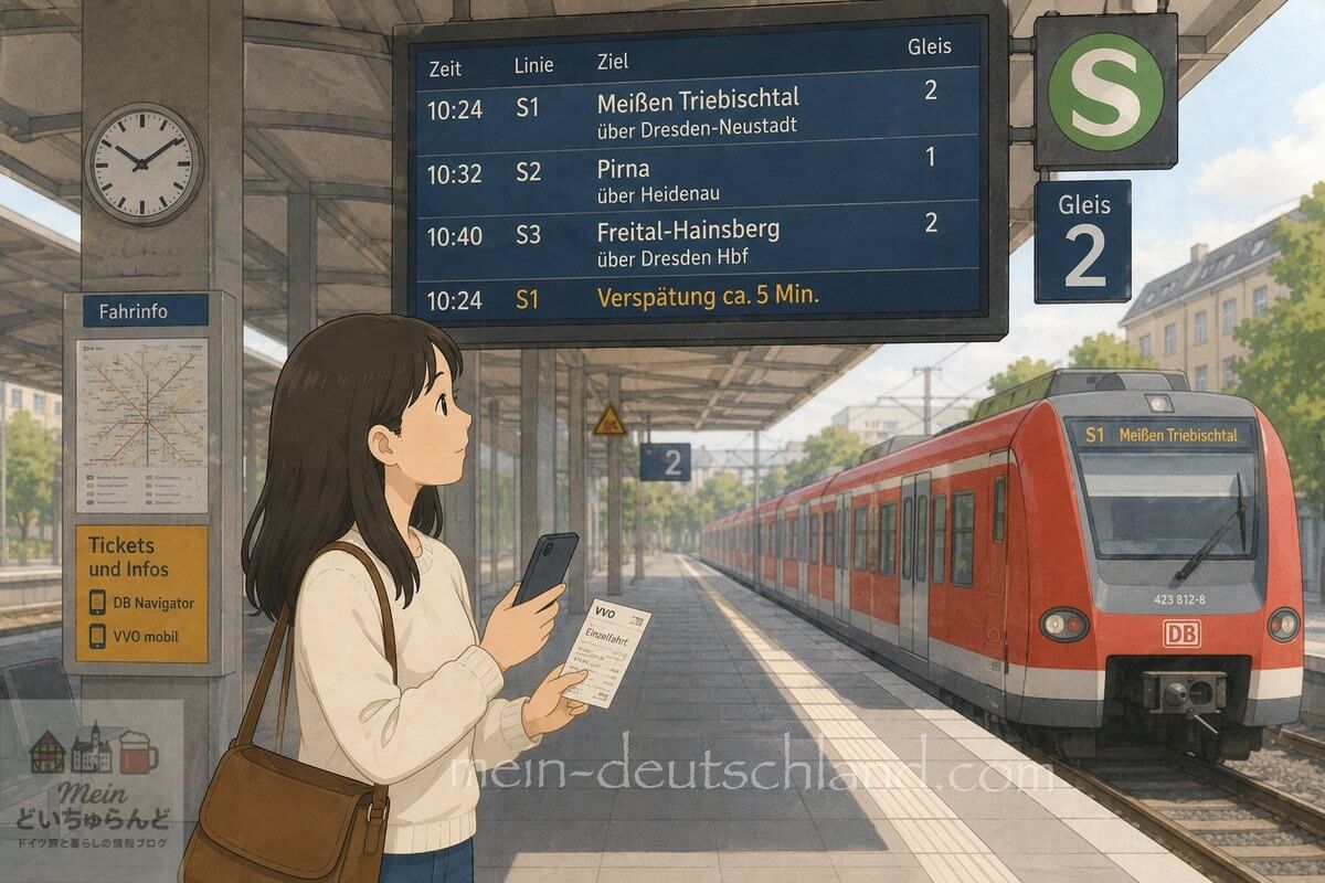 ドイツの電車駅に立っている日本人女性