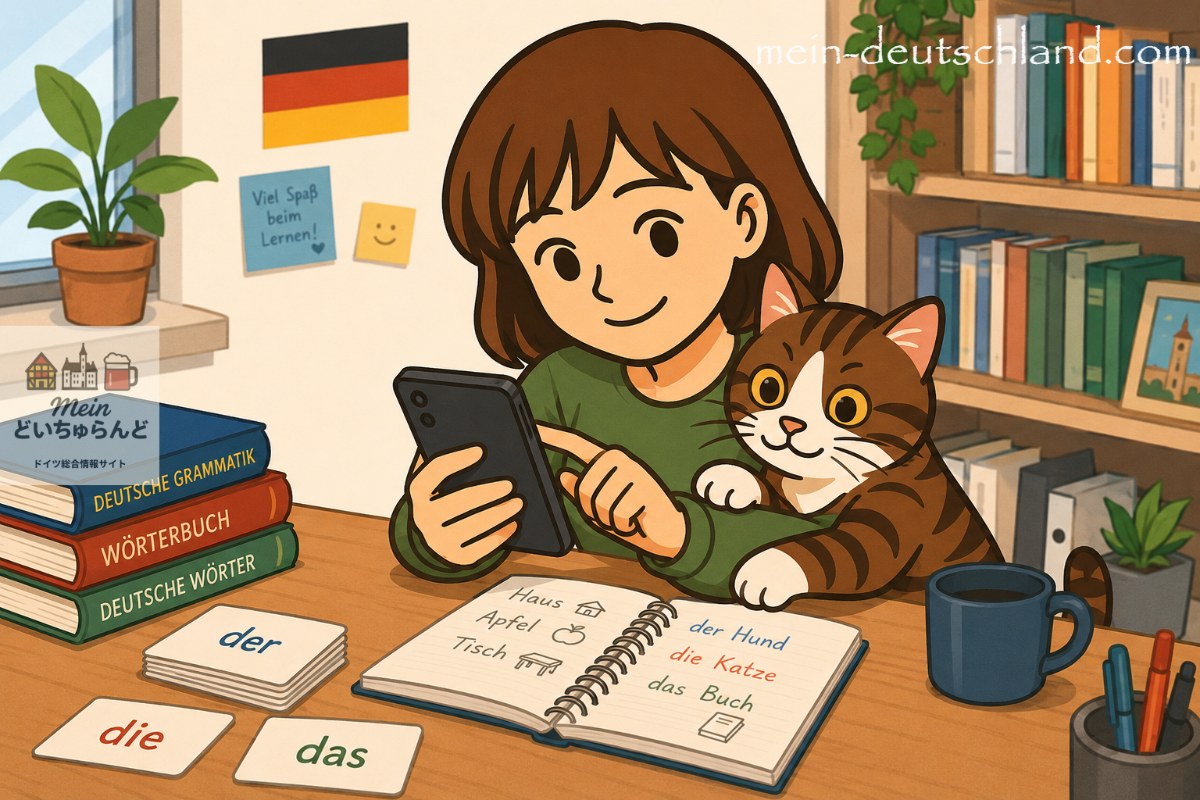 ドイツ語を勉強している女性とネコ