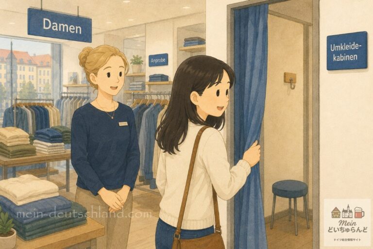 衣料品店の試着室に入る女性と、横に立つ店員