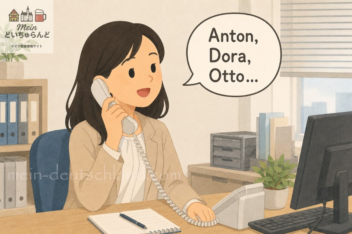 オフィスの電話口でドイツ語のスペルを伝える女性
