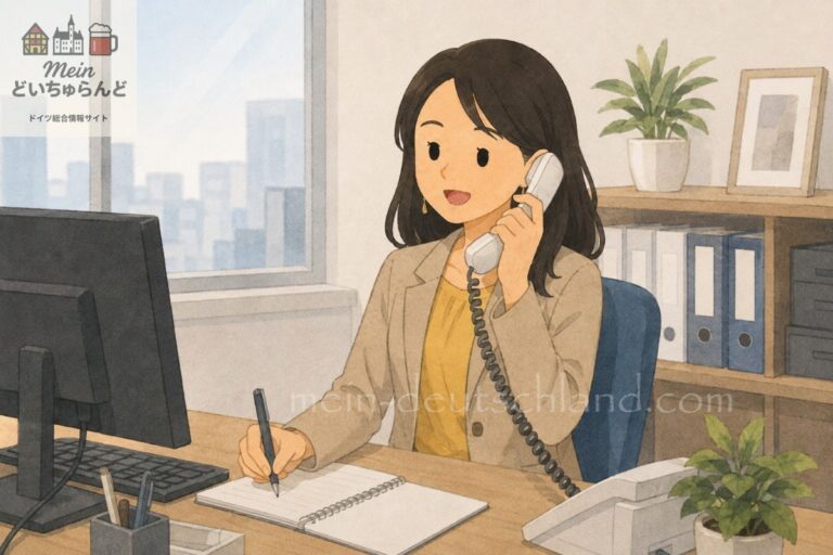 電話で会話し、メモを取る女性